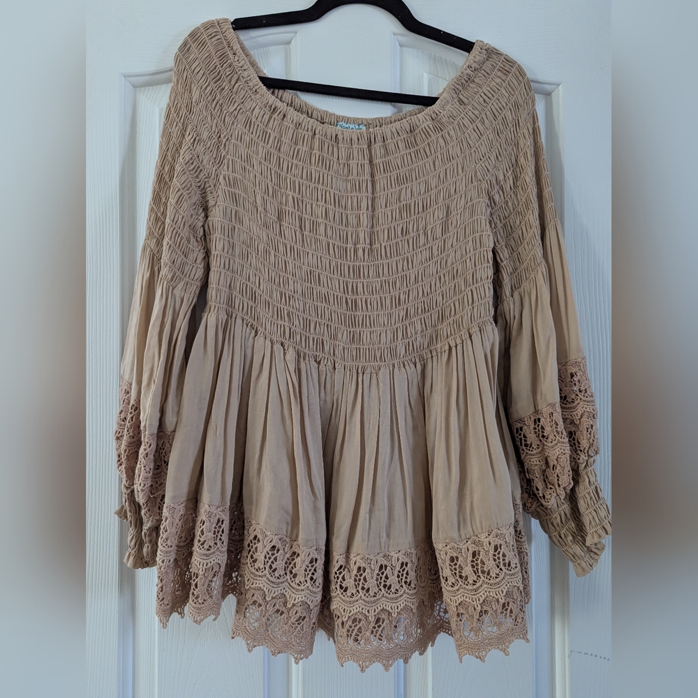 Nostalgia Beige Smocked Blouse with Crochet Details